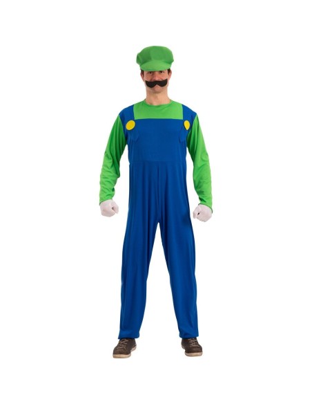 Costume idraulico Luigi con tuta blu, maglia verde, cappello e guanti bianchi per feste a tema videogiochi