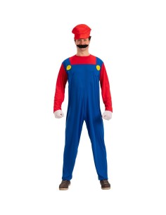 Costume meccanico con tuta blu bretelle maglia rossa cappello e guanti bianchi per feste a tema