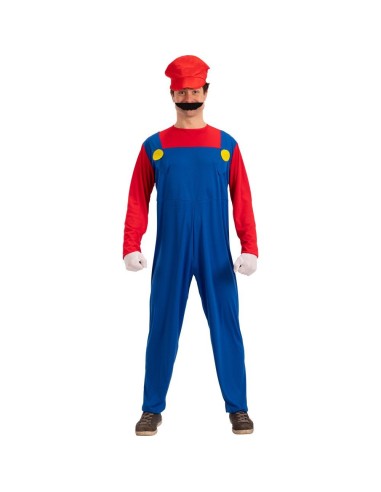 Costume meccanico con tuta blu bretelle maglia rossa cappello e guanti bianchi per feste a tema