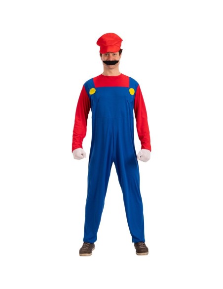 Costume meccanico con tuta blu bretelle maglia rossa cappello e guanti bianchi per feste a tema