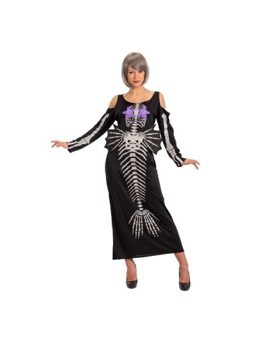 Costume sirena scheletro nero con stampa ossa bianche e maniche scoperte per Halloween donna