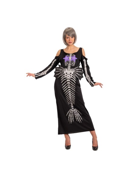 Costume sirena scheletro nero con stampa ossa bianche e maniche scoperte per Halloween donna