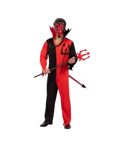 Costume demone rosso nero con maschera cornuta e forcone per Halloween uomo