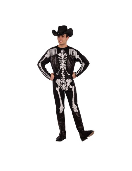Costume scheletro cowboy nero con stampa ossa bianche e cappello western per Halloween