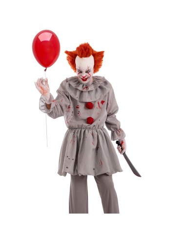 Costume clown del terrore grigio con casacca a balze e dettagli rossi per Halloween horror