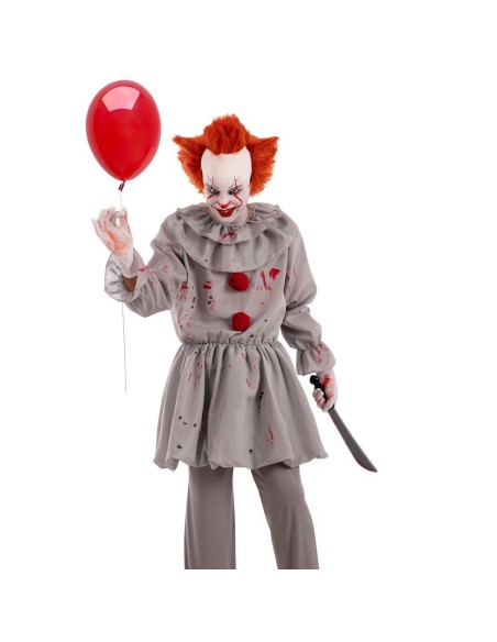 Costume clown del terrore grigio con casacca a balze e dettagli rossi per Halloween horror