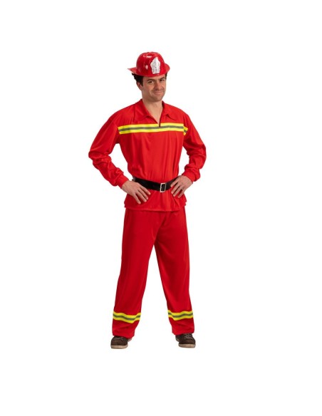 Costume da pompiere rosso con casco, divisa completa e cintura nera per feste a tema