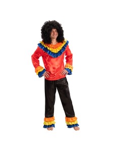 Costume brasiliano uomo con camicia rossa e balze multicolore, pantaloni neri e parrucca afro per Carnevale