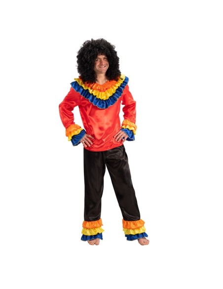 Costume brasiliano uomo con camicia rossa e balze multicolore, pantaloni neri e parrucca afro per Carnevale