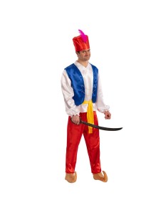 Costume Aladino uomo con turbante rosso, gilet blu, camicia bianca e pantaloni rossi per feste a tema Disney