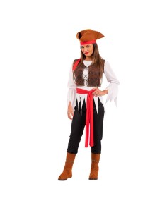 Costume corsara donna con corsetto marrone, camicia bianca, pantaloni neri e tricorno per feste a tema pirati