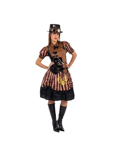 Costume steampunk lady con corsetto nero, gonna a righe marroni e cappello con occhiali per donna