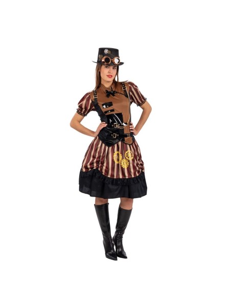 Costume steampunk lady con corsetto nero, gonna a righe marroni e cappello con occhiali per donna