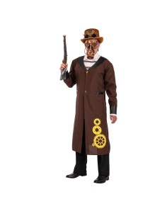 Costume steampunk uomo con cappotto marrone lungo, cappello e maschera bronzo per feste tema vittoriano