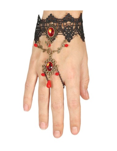 Braccialetto gotico nero con pizzo, rubino rosso e catena dorata per costumi Halloween