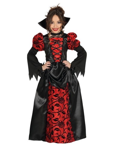 Costume vampiressa bambina nero con dettagli rossi decorativi e maniche a pipistrello per Halloween