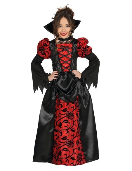 Costume vampiressa bambina nero con dettagli rossi decorativi e maniche a pipistrello per Halloween