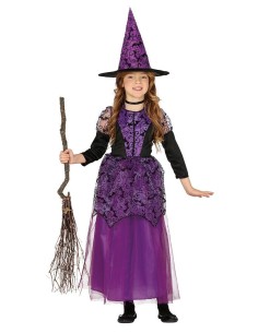 Costume strega lilla bambina con abito lungo viola e cappello a punta per Halloween