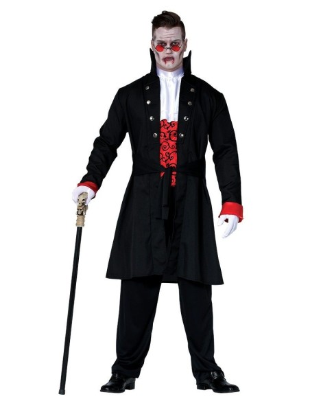 Costume vampiro uomo nero con giacca elegante bastone e dettagli rossi per Halloween