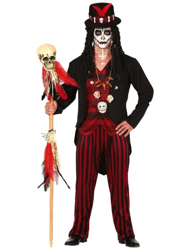 Costume sciamano voodoo uomo con bastone teschio, cappello nero e vestiti rituali rossi e neri per Halloween