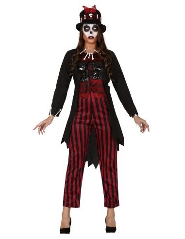 Costume strega voodoo donna con giacca nera, gonna rigata rossa e cappello cilindro per Halloween