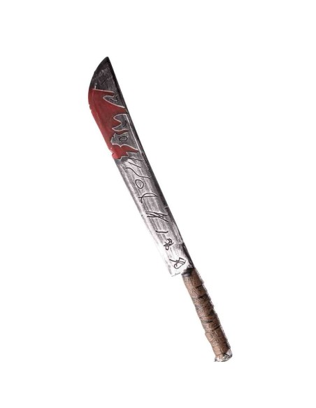 Coltellaccio finto insanguinato lungo 73cm con impugnatura marrone per costumi Halloween horror