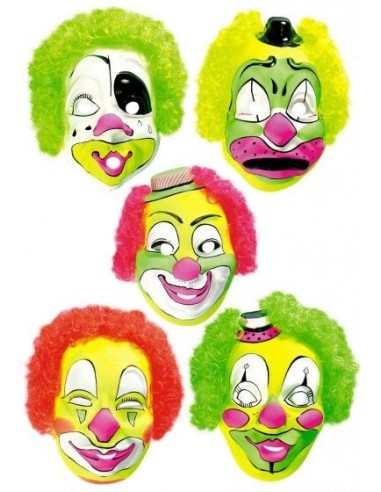 Cinque maschere da clown colorate con capelli fluo verde giallo rosso per feste Carnevale