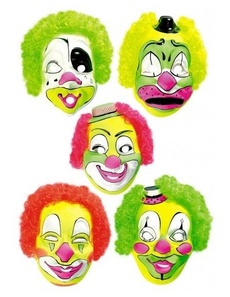 Cinque maschere da clown colorate con capelli fluo verde giallo rosso per feste Carnevale