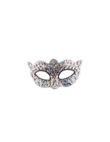 Maschera veneziana argento con gemme colorate e strass decorativi per Carnevale e feste in maschera