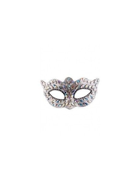 Maschera veneziana argento con gemme colorate e strass decorativi per Carnevale e feste in maschera