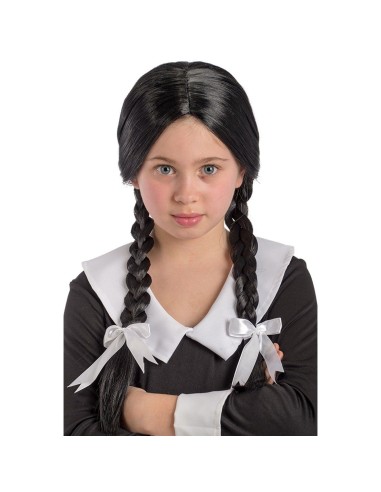 Parrucca nera bambina Mercoledì Addams con trecce laterali per costume Halloween