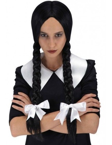 Parrucca Mercoledì con lunghe trecce nere e frangia per costume Halloween gotico