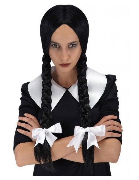 Parrucca Mercoledì con lunghe trecce nere e frangia per costume Halloween gotico