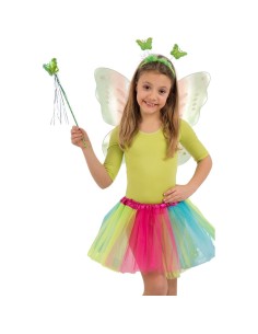 Set costume farfalla bambina con ali multicolor, gonna tulle arcobaleno, cerchietto e bacchetta magica