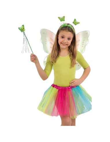 Set costume farfalla bambina con ali multicolor, gonna tulle arcobaleno, cerchietto e bacchetta magica