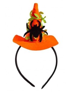 Mini cappello da strega arancione in feltro con ragno nero su cerchietto per Halloween