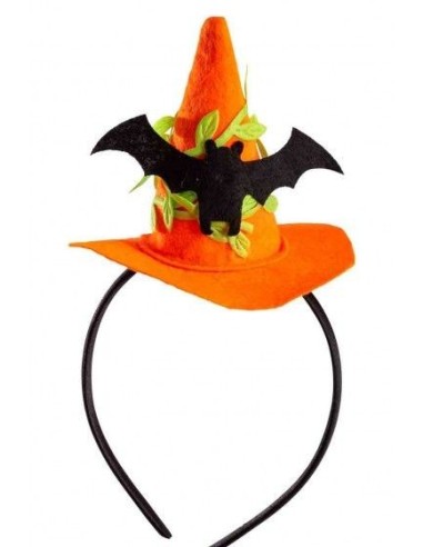 Mini cappello da strega arancione con pipistrello nero su cerchietto per Halloween