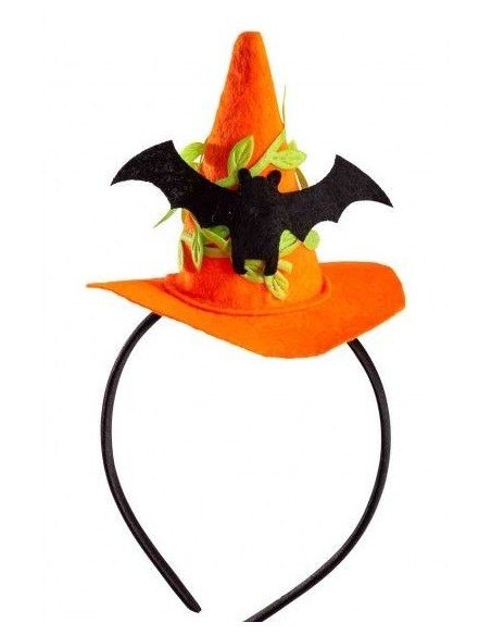 Mini cappello da strega arancione con pipistrello nero su cerchietto per Halloween