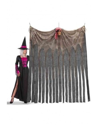 Tenda decorativa pirata con teschio e frange logore 200x150cm per Halloween e feste a tema