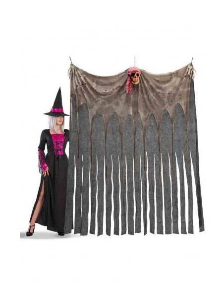 Tenda decorativa pirata con teschio e frange logore 200x150cm per Halloween e feste a tema