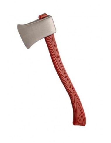 Accetta teatrale 60cm con lama grigia e manico rosso texture legno per costumi Halloween medievale