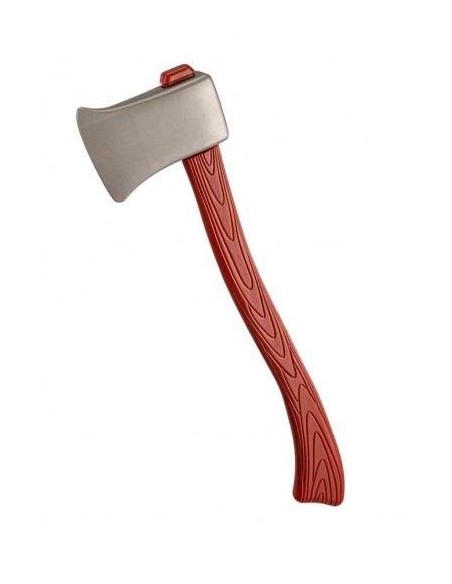 Accetta teatrale 60cm con lama grigia e manico rosso texture legno per costumi Halloween medievale