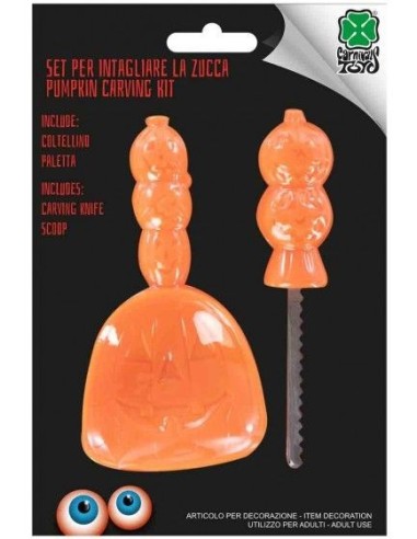 Kit per intagliare zucche Halloween con utensili arancioni e sagome decorative in blister
