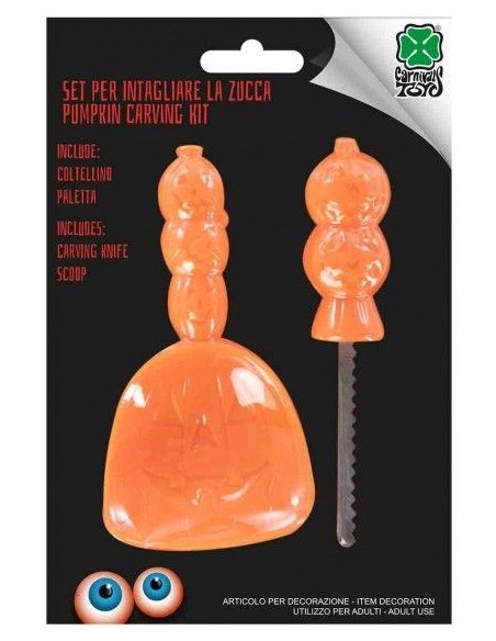 Kit per intagliare zucche Halloween con utensili arancioni e sagome decorative in blister