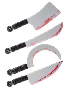 Set quattro coltelli finti insanguinati per costumi horror Halloween mannaia falce pugnale 35cm