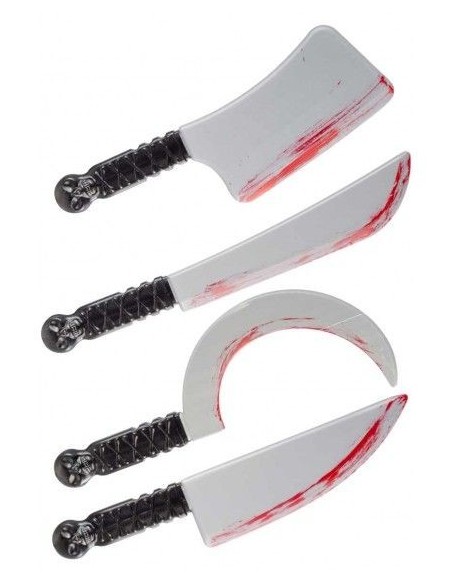 Set quattro coltelli finti insanguinati per costumi horror Halloween mannaia falce pugnale 35cm