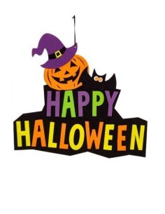 Decorazione Halloween feltro scritta Happy Halloween con zucca cappello strega gatto nero 36cm
