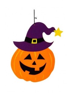 Zucca Halloween in feltro arancione con cappello viola da strega e stella dorata, decorazione appesa
