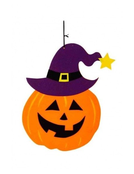 Zucca Halloween in feltro arancione con cappello viola da strega e stella dorata, decorazione appesa