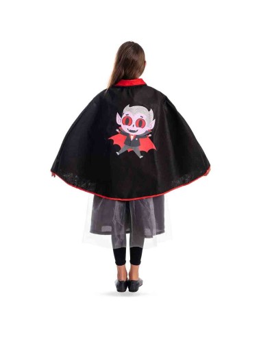 Mantello vampiro nero con cappuccio e finiture rosse lungo 65 cm per costume Halloween